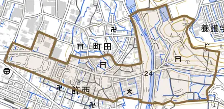 町田とその周辺の地図。町の範囲を重ねている