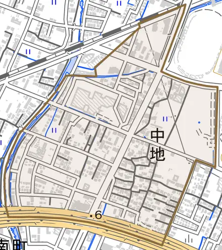 中地とその周辺の地図。町の範囲を重ねている