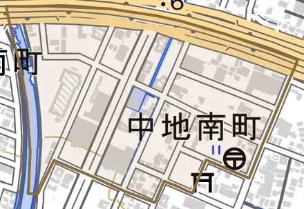 中地南町とその周辺の地図。町の範囲を重ねている