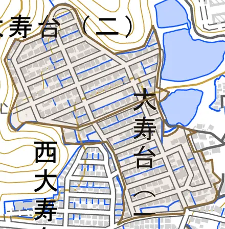 大寿台とその周辺の地図。町の範囲を重ねている
