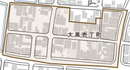 大黒壱丁町とその周辺の地図。町の範囲を重ねている