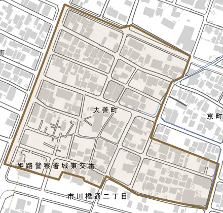 大善町とその周辺の地図。町の範囲を重ねている