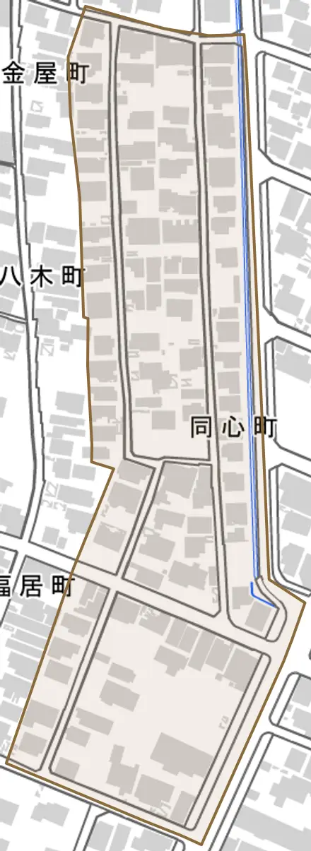 同心町とその周辺の地図。町の範囲を重ねている