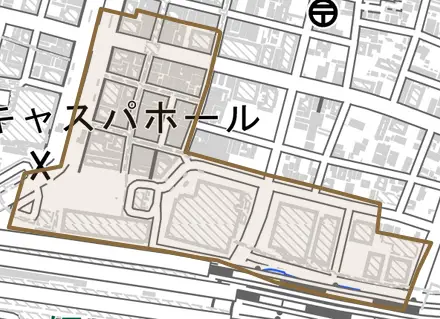 駅前町とその周辺の地図。町の範囲を重ねている