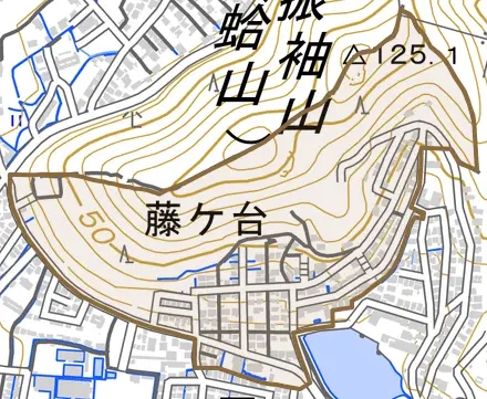 藤ケ台とその周辺の地図。町の範囲を重ねている