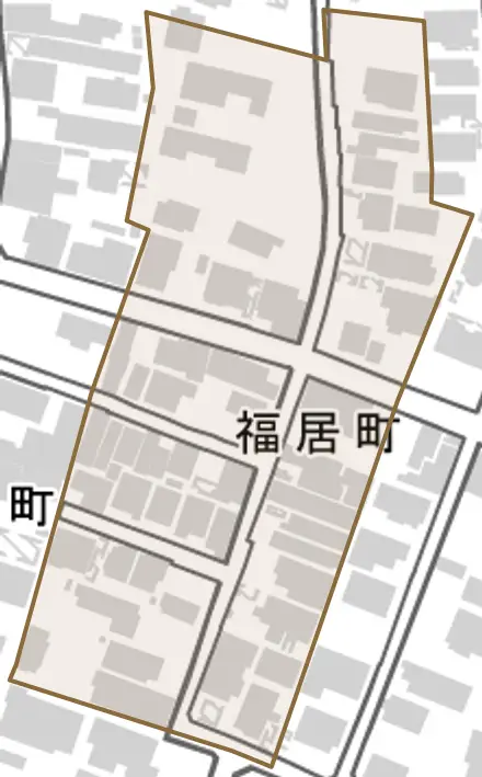 福居町とその周辺の地図。町の範囲を重ねている