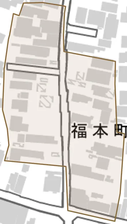 福本町とその周辺の地図。町の範囲を重ねている