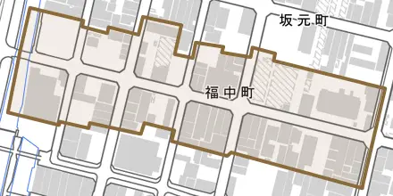 福中町とその周辺の地図。町の範囲を重ねている