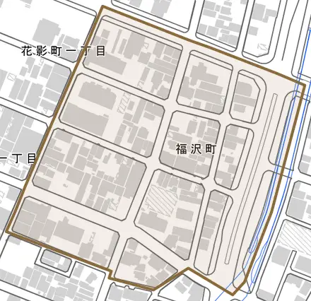 福沢町とその周辺の地図。町の範囲を重ねている