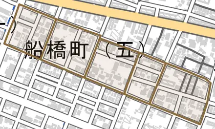 船橋町とその周辺の地図。町の範囲を重ねている
