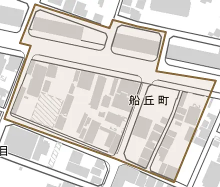 船丘町とその周辺の地図。町の範囲を重ねている