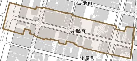 呉服町とその周辺の地図。町の範囲を重ねている