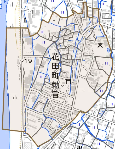 花田町勅旨とその周辺の地図。町の範囲を重ねている