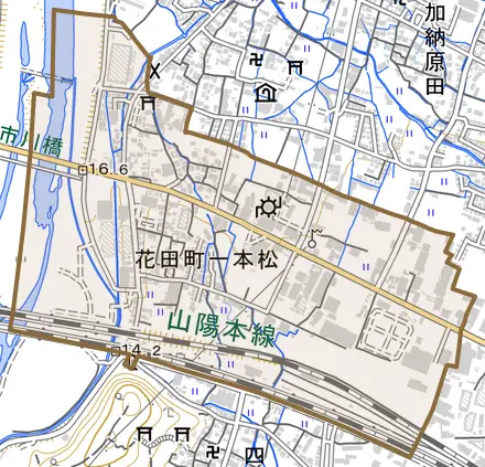 花田町一本松とその周辺の地図。町の範囲を重ねている