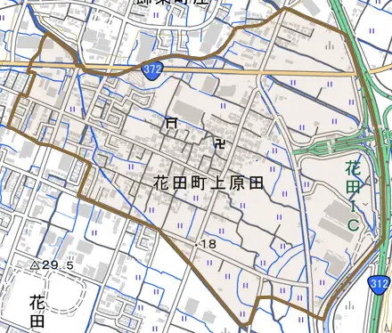 花田町上原田とその周辺の地図。町の範囲を重ねている