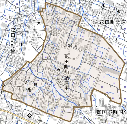 花田町加納原田とその周辺の地図。町の範囲を重ねている