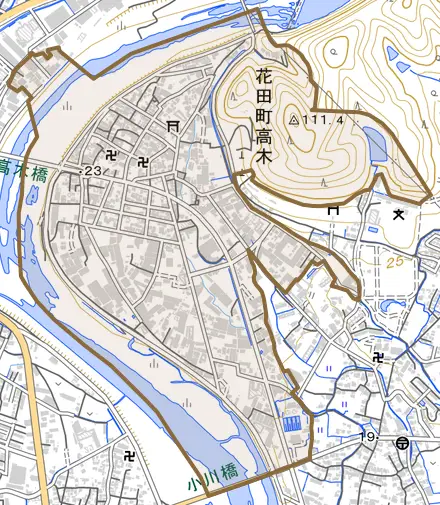 花田町高木とその周辺の地図。町の範囲を重ねている