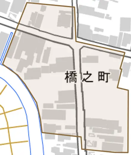 橋之町とその周辺の地図。町の範囲を重ねている