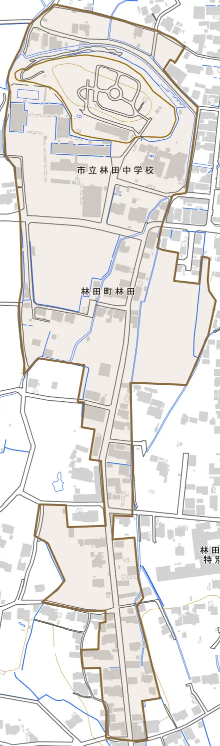 林田町林田とその周辺の地図。町の範囲を重ねている