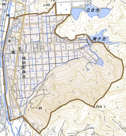 林田町林谷とその周辺の地図。町の範囲を重ねている
