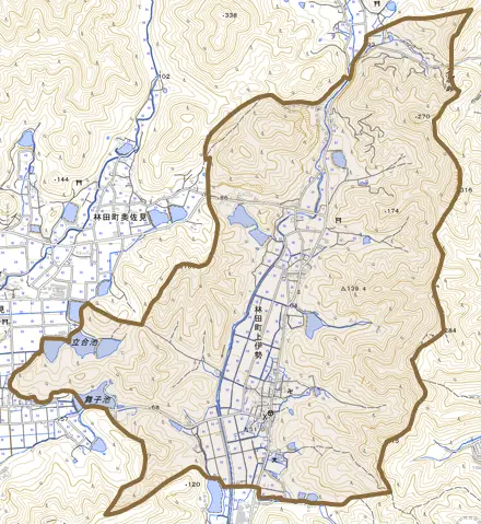 林田町上伊勢とその周辺の地図。町の範囲を重ねている