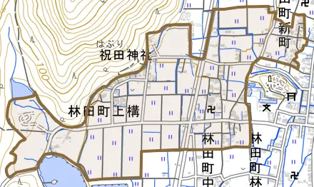林田町上構とその周辺の地図。町の範囲を重ねている