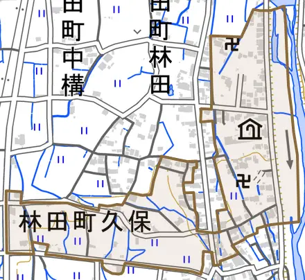 林田町久保とその周辺の地図。町の範囲を重ねている
