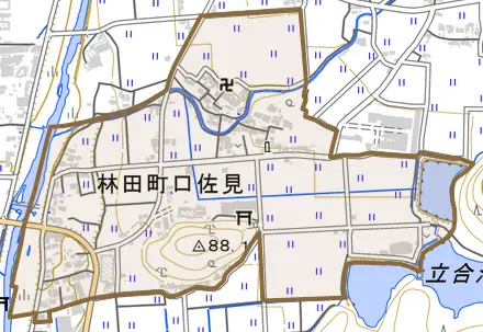 林田町口佐見とその周辺の地図。町の範囲を重ねている
