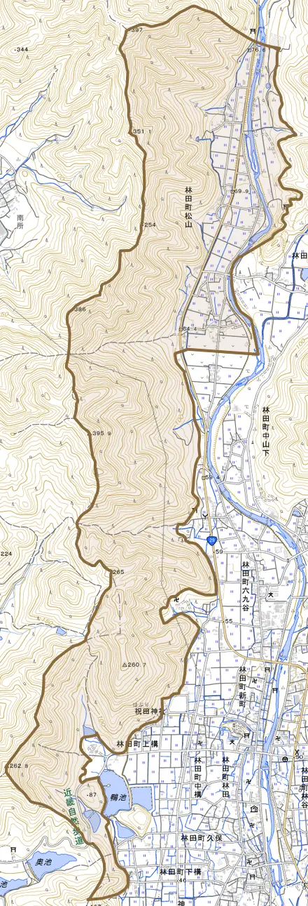 林田町松山とその周辺の地図。町の範囲を重ねている
