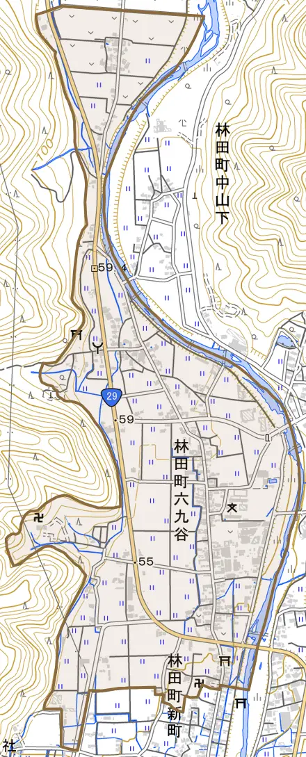 林田町六九谷とその周辺の地図。町の範囲を重ねている