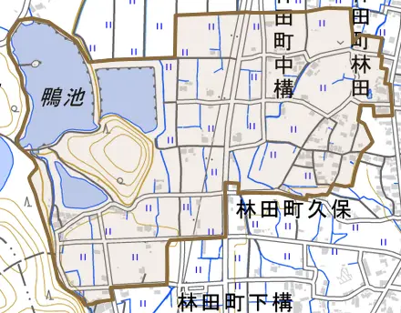 林田町中構とその周辺の地図。町の範囲を重ねている