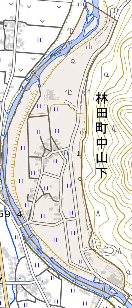 林田町中山下とその周辺の地図。町の範囲を重ねている
