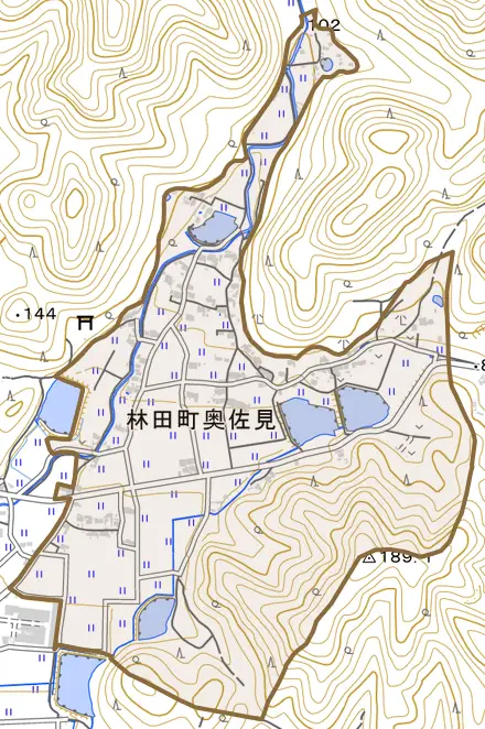 林田町奥佐見とその周辺の地図。町の範囲を重ねている