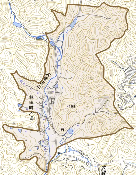 林田町大堤とその周辺の地図。町の範囲を重ねている