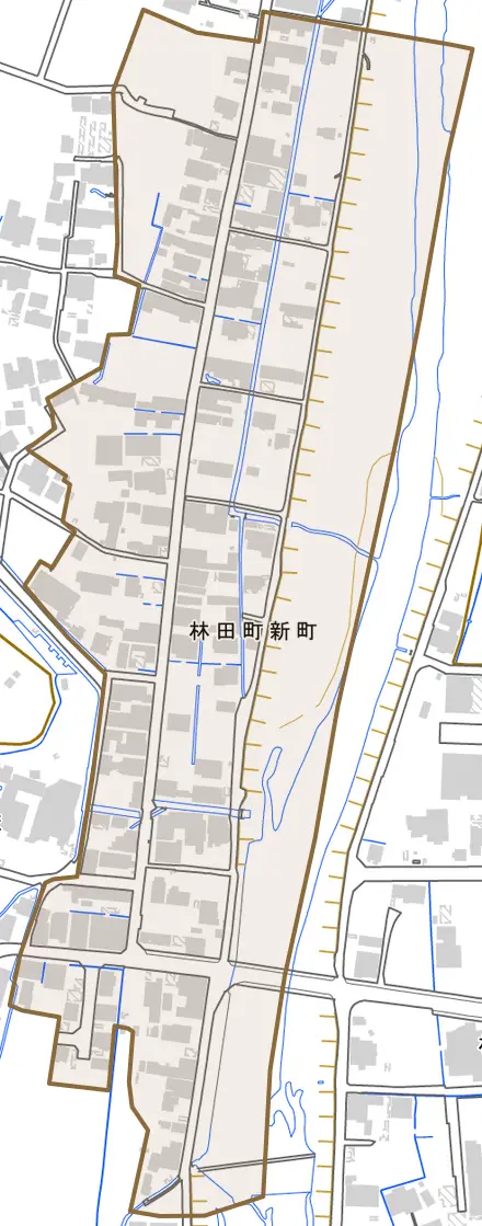 林田町新町とその周辺の地図。町の範囲を重ねている