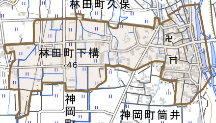 林田町下構とその周辺の地図。町の範囲を重ねている