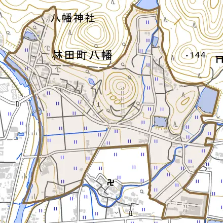 林田町八幡とその周辺の地図。町の範囲を重ねている