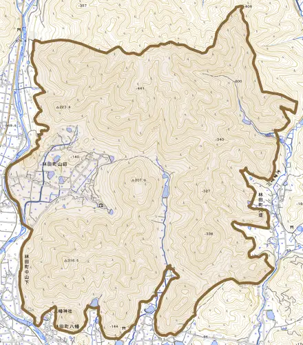 林田町山田とその周辺の地図。町の範囲を重ねている