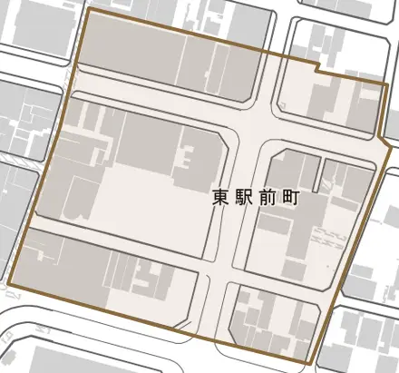 東駅前町とその周辺の地図。町の範囲を重ねている