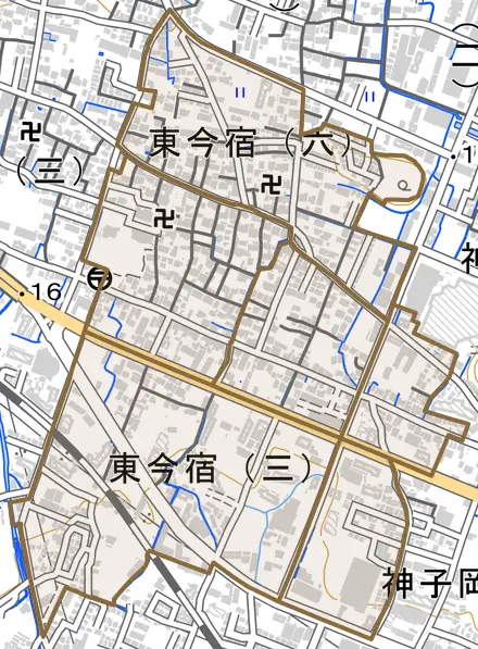 東今宿とその周辺の地図。町の範囲を重ねている