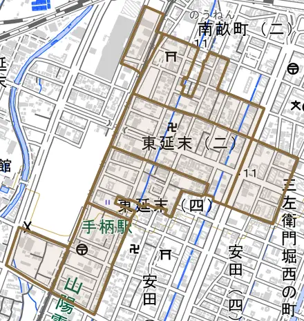 東延末とその周辺の地図。町の範囲を重ねている