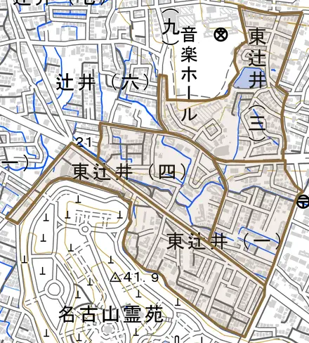 東辻井とその周辺の地図。町の範囲を重ねている