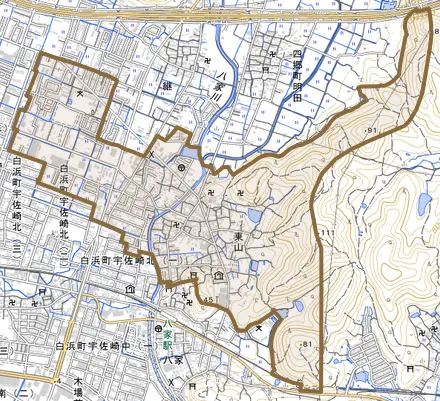 東山とその周辺の地図。町の範囲を重ねている