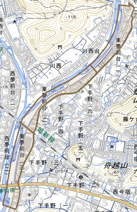 東夢前台とその周辺の地図。町の範囲を重ねている