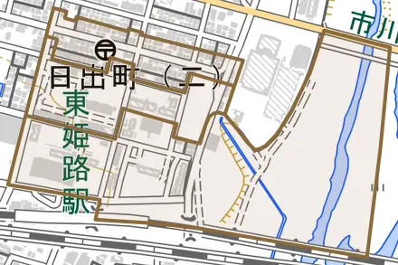 日出町とその周辺の地図。町の範囲を重ねている