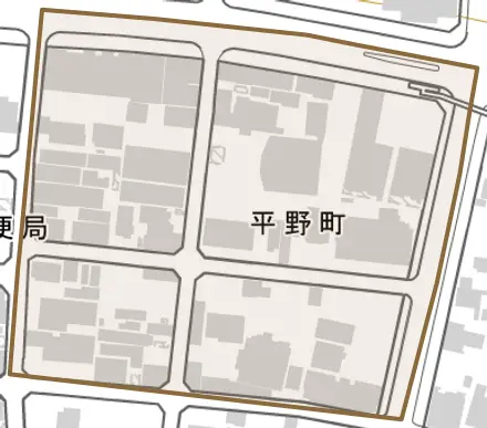 平野町とその周辺の地図。町の範囲を重ねている