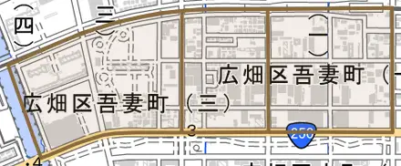 広畑区吾妻町とその周辺の地図。町の範囲を重ねている
