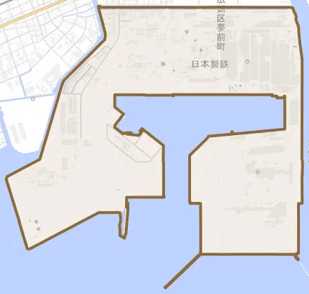 広畑区富士町とその周辺の地図。町の範囲を重ねている