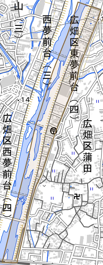 広畑区東夢前台とその周辺の地図。町の範囲を重ねている
