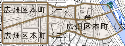 広畑区本町とその周辺の地図。町の範囲を重ねている